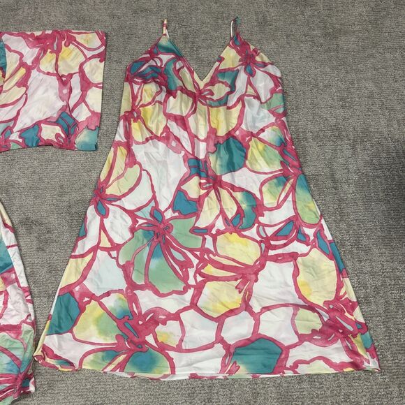 Natori Nightgown Slip Dress Robe Womens XL 1X White Pink Turquoise Silky Floral - Picture 2 of 12